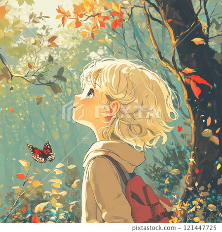 一個時尚女孩在森林裡漫步的插圖 121447725