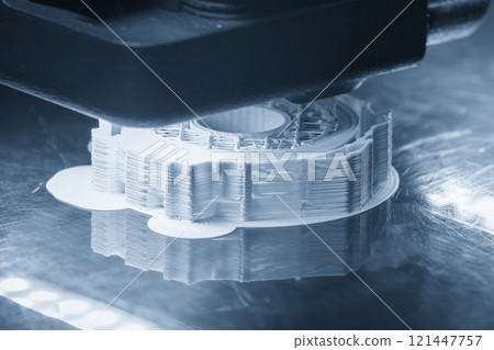 Close up scene the additive manufacturing by 3D printer machine. 121447757