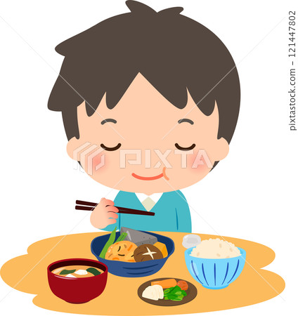 一個男人吃主要由蔬菜組成的日本食物 121447802