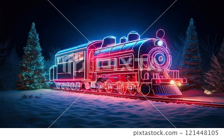 A neon train glows among winter trees and snow, creating a magical holiday scene 121448105