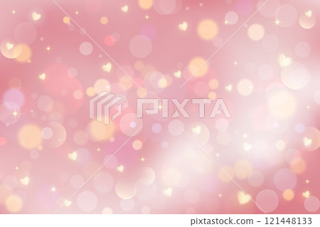 Lovely pink background with hearts and bokeh. Cute romantic sky with light glitter and sparkles. Abstract pastel Valentine blurred wallpaper. Girly fairy fantasy backdrop. 121448133