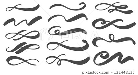 Swoosh underlines hand drawn vector elements. Swish swirl brushstrokes. Calligraphic elegant dividers. Curve paint tails. Flourishes and swoop vintage design 121448135
