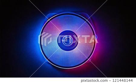 A compact disc is surrounded by vibrant neon lights creating an artistic visual effect 121448144