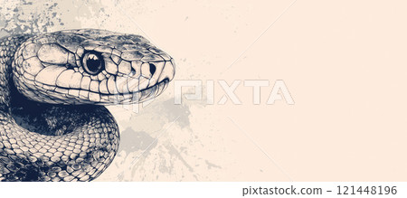 Horizontal banner with a snake in grunge style and free space for text on the right 121448196