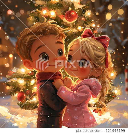 A loving couple celebrates Christmas against the backdrop of Christmas decorations 121448199