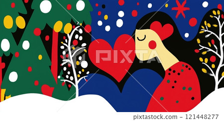 Festive Christmas banner, Valentine's Day Illustration of Woman with Heart in Winter Wonderland Festive Christmas banner, Valentine's Day Illustration of Woman with Heart in Winter Wonderland 121448277