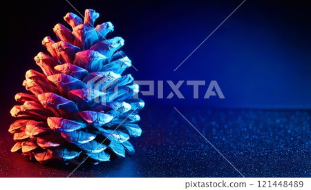 Vivid neon colors illuminate a firefly pine cone against a dark background, showcasing details Vivid neon colors illuminate a firefly pine cone against a dark background, showcasing details 121448489
