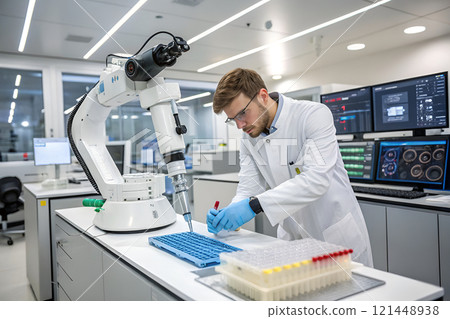 scientist working with microscope in laboratory 121448938