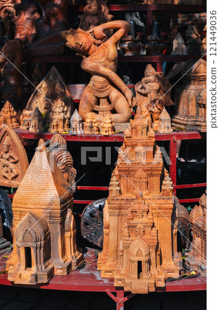 Clay figurines and statuettes of Po Nagar Cham Towers in souvenir shop in Nha Trang in Vietnam 121449036