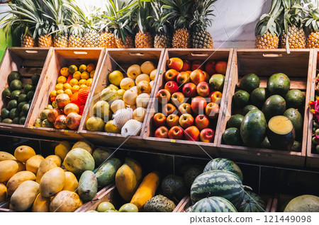 At the local market, you can see a bright and colorful assortment of fresh fruits, where seasonal products are presented 121449098