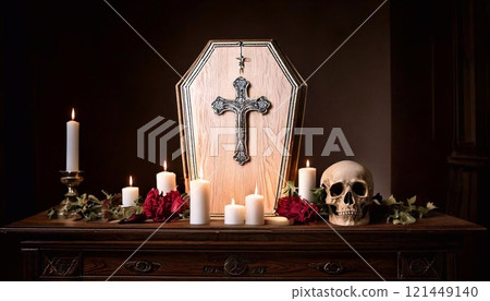 A memorial altar shows a coffin with a cross, skull, and candles, evoking reverence 121449140