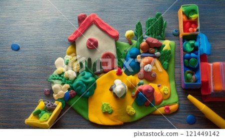 A colorful garden layout with a plasticine house and vibrant shapes 121449142