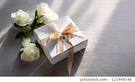 A lovely gift box with a ribbon sits beside delicate white roses, ideal for Mothers Day 121449146
