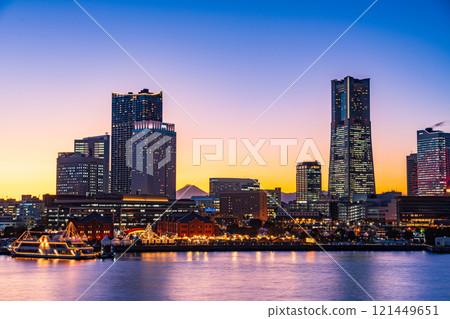 [Kanagawa Prefecture] Yokohama Minato Mirai Light-up Illumination - Distant view of Mt. Fuji between the buildings - Twilight 121449651