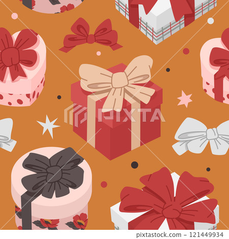 Gift boxes seamless pattern on yellow bg 121449934