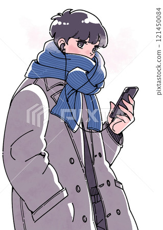 Illustration of a boy wearing earphones and holding a smartphone in winter Illustration of a boy wearing earphones and holding a smartphone in winter 121450084