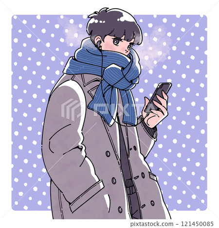 Illustration of a boy wearing earphones and holding a smartphone in winter Illustration of a boy wearing earphones and holding a smartphone in winter 121450085