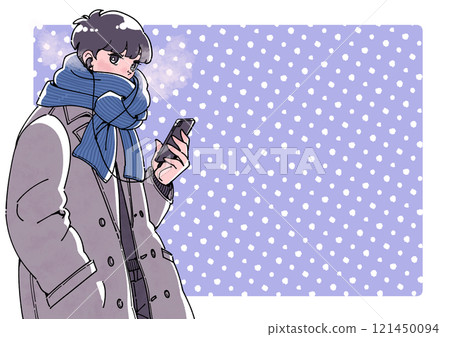 冬天戴著耳機、拿著智慧型手機的男孩的插圖 冬天戴著耳機、拿著智慧型手機的男孩的插圖 121450094