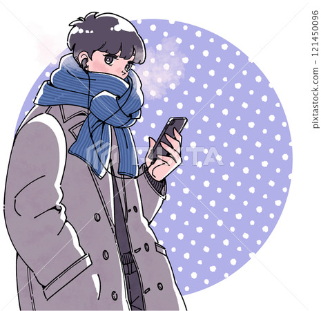 冬天戴著耳機、拿著智慧型手機的男孩的插圖 121450096