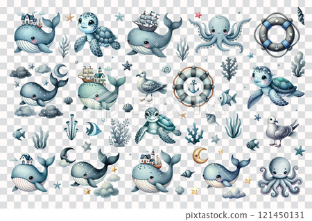 Big watercolor set with cute sea character elements, whale, animals, shells, corals, seaweed. 121450131