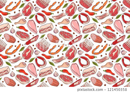 Seamless meat pattern in flat style with different meats on a white background. Steak, sausage, ribs and vegetable. Perfect for culinary project, packaging or restaurant menu. 121450358