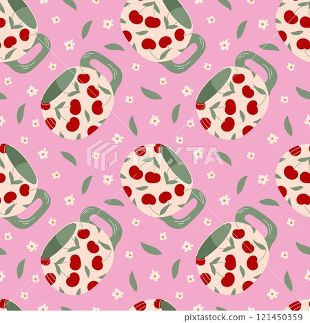 Seamless pattern with cherry decorated mug, green leaves and white flowers on a pink background in flat style. Ideal for fabric design, wrapping paper and home decor. Seamless pattern with cherry decorated mug, green leaves and white flowers on a pink background in flat style. Ideal for fabric design, wrapping paper and home decor. 121450359