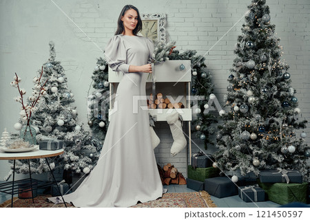 Woman in Elegant Grey Dress with Holiday Decor. Woman in Elegant Grey Dress with Holiday Decor. 121450597
