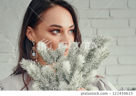 Close-Up Portrait with Frosted Branches. Close-Up Portrait with Frosted Branches. 121450615