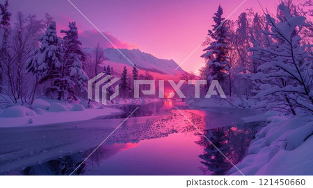 Snow covered trees line a tranquil river as vibrant sunset hues paint the winter sky in Alaska 121450660