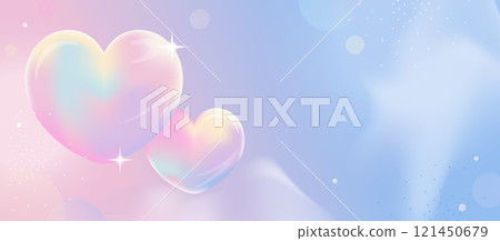 Romantic pastel Valentines Day banner with rainbow hearts, soft blue gradients, and sparkling accents for love-themed cards and invitations 121450679