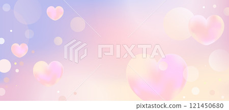 Soft pastel Valentines Day banner with pink hearts, dreamy gradients, and gentle bokeh effects for romantic event designs and wedding invitations 121450680