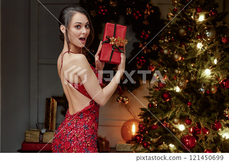 Surprised Woman Holding Gift Near Christmas Tree. Surprised Woman Holding Gift Near Christmas Tree. 121450699