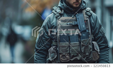 Tactical operator walks through an urban area dressed in a bulletproof vest under light rain Tactical operator walks through an urban area dressed in a bulletproof vest under light rain 121450813