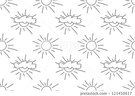 Black and White Seamless Pattern with Sun and Cloud 121450817