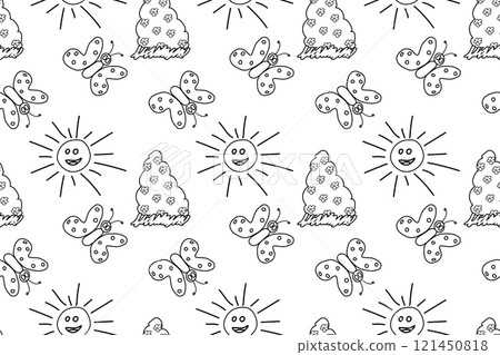 Fun Black and White Pattern with Sun, Butterflies, and Flower Bushes 121450818