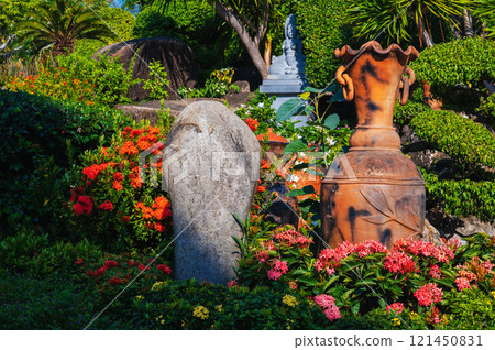 beautiful Asian garden with decor in pagoda in Vietnam beautiful Asian garden with decor in pagoda in Vietnam 121450831