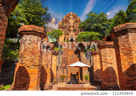 Po Nagar Cham Towers in Nha Trang in Vietnam. Ancient ruins of Hindu temple in Asia in summer Po Nagar Cham Towers in Nha Trang in Vietnam. Ancient ruins of Hindu temple in Asia in summer 121450854