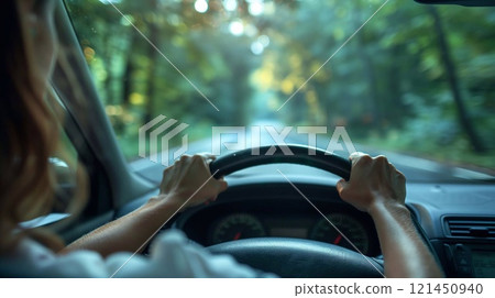 Hands grip the steering wheel while navigating a peaceful wooded road during daylight 121450940