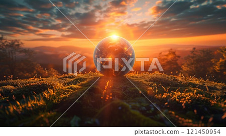 A vibrant globe sits on a lush landscape as the sunset casts golden light and reflections 121450954