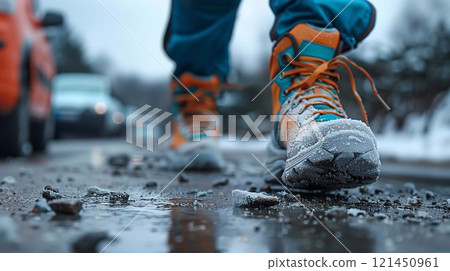 Demonstration of first aid methods for treating fractures in cold, wet conditions while walking 121450961