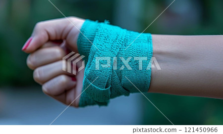 A person applies a bandage to the wrist to stabilize a fracture 121450966
