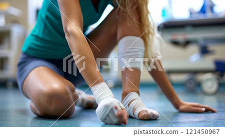 A person is applying first aid to a potential fracture, focusing on wrapping the injury securely 121450967