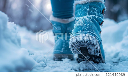 A person walks in deep snow, showing severe frostbite from harsh winter conditions 121450989