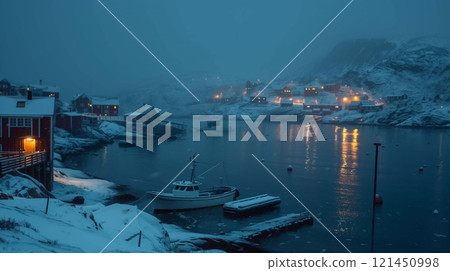 Quaint houses illuminated at night reflect on icy waters in a serene Greenland landscape Quaint houses illuminated at night reflect on icy waters in a serene Greenland landscape 121450998