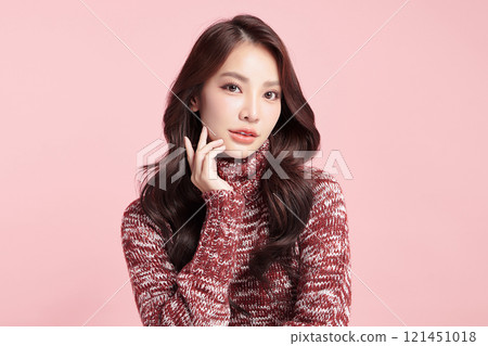 Beautiful young asian woman with clean fresh skin on pink background, Face care, Facial treatment, Cosmetology, beauty and spa, Asian women portrait. 121451018