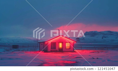 A rustic cabin in Iceland glows pink as the darkening sky reveals the snowy landscape A rustic cabin in Iceland glows pink as the darkening sky reveals the snowy landscape 121451047
