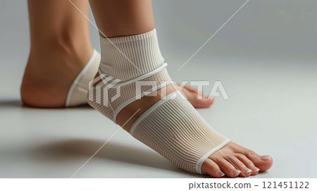 Ankle bandage wrapped securely around the foot provides necessary support during recovery 121451122