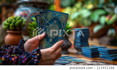 A person is reading tarot cards on a mobile device surrounded by greenery and decorative items A person is reading tarot cards on a mobile device surrounded by greenery and decorative items 121451188