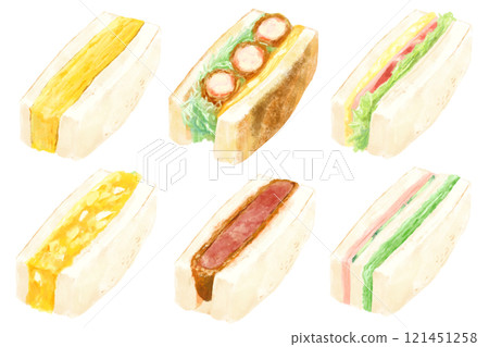 各種方形三明治(雞蛋、火腿、炸肉排、炸蝦、BLT) 各種方形三明治(雞蛋、火腿、炸肉排、炸蝦、BLT) 121451258