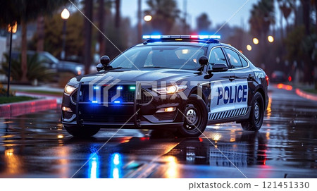 A police patrol car with blue and red lights parked on a glistening street during a rainy night A police patrol car with blue and red lights parked on a glistening street during a rainy night 121451330